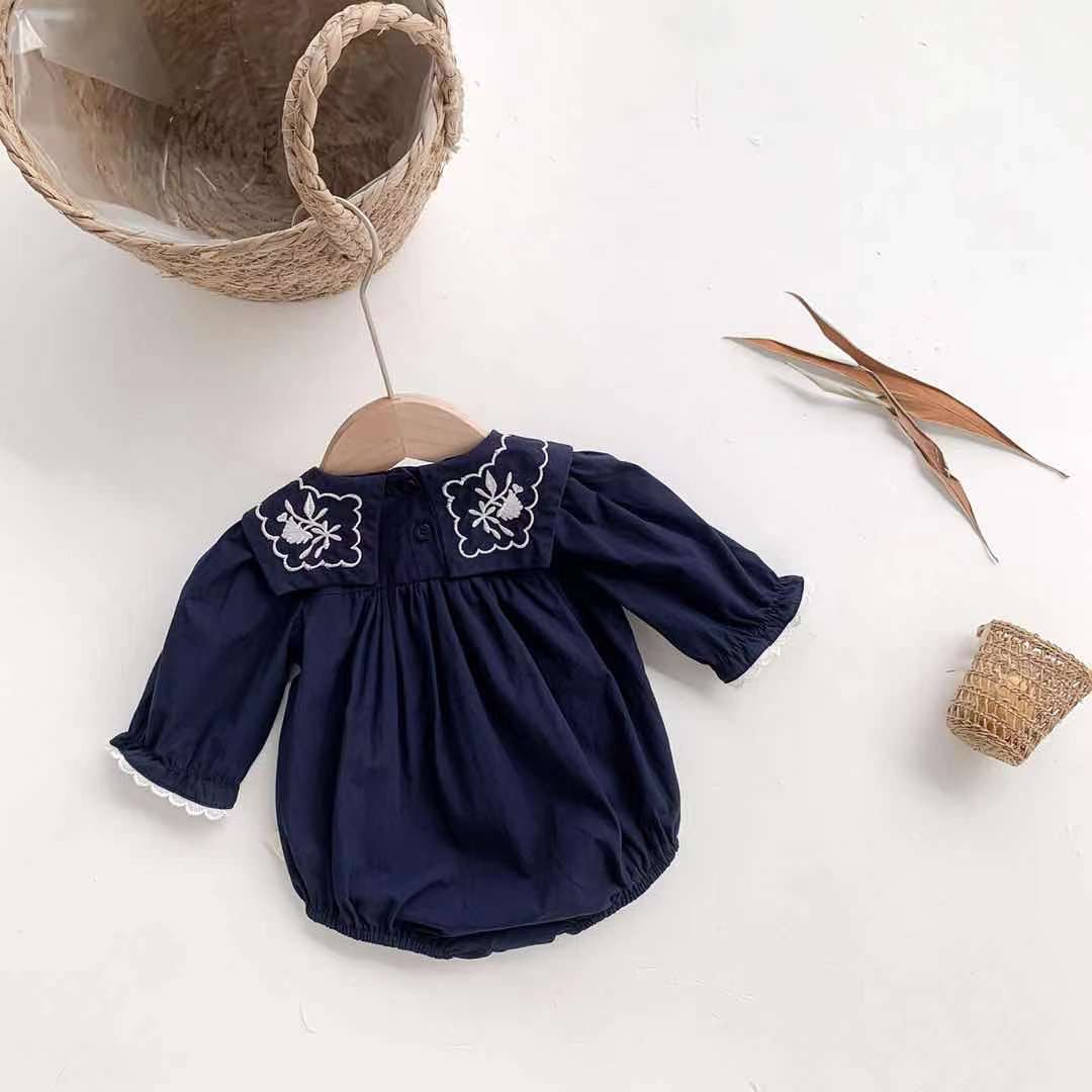 Navy Style Embroidered Collar Onesie