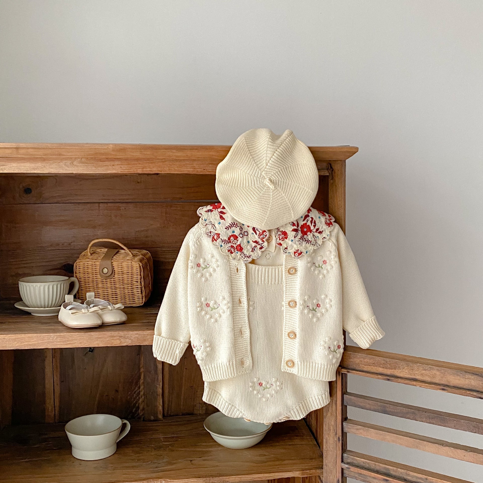 Polka Dot Heart-shaped Embroidered Cardigan Set