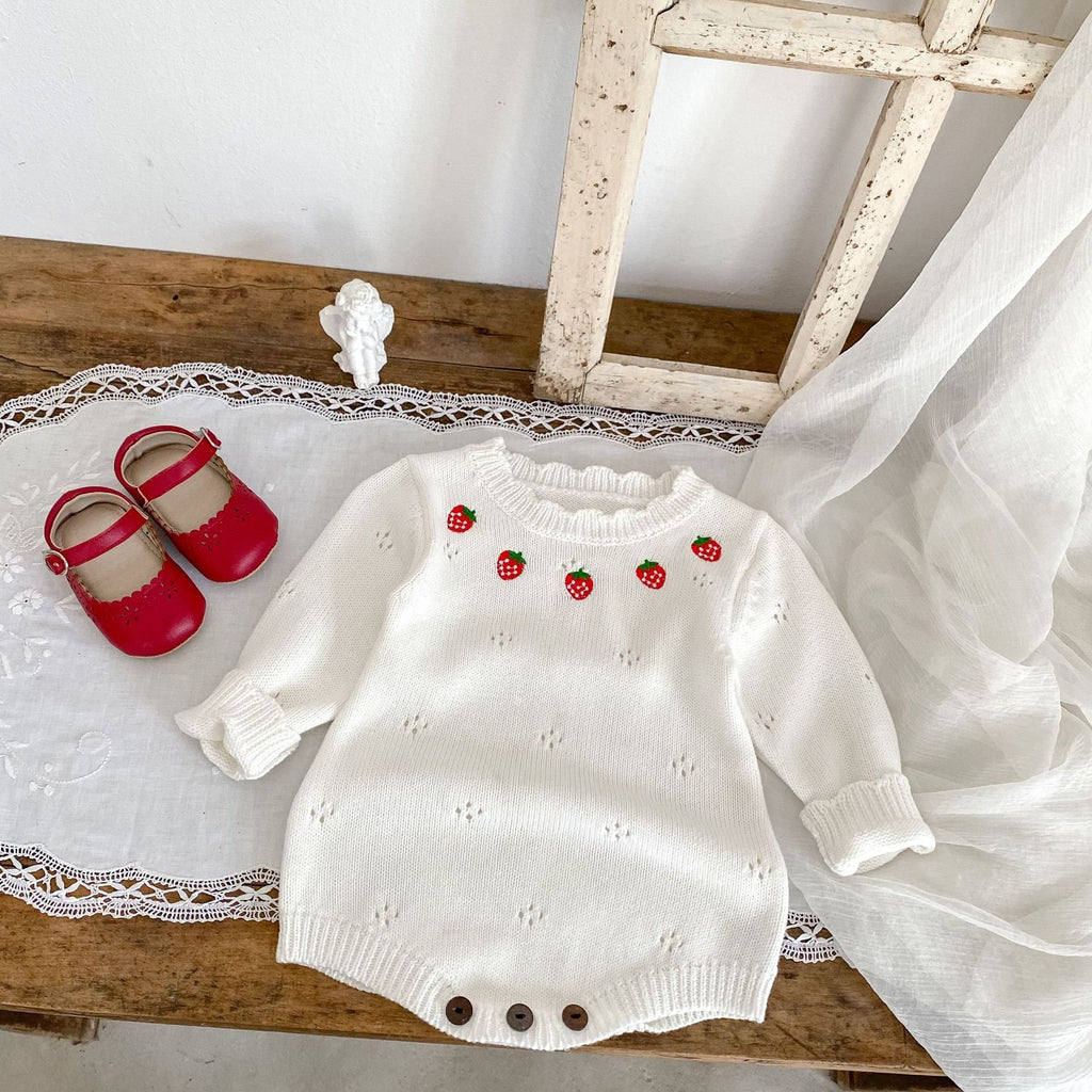 Strawberry Embroidered Knitted Romper