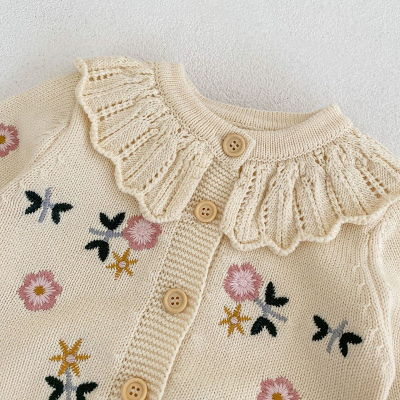 Flower Embroidered Lotus Collar Knitted