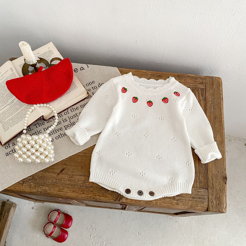 Strawberry Embroidered Knitted Romper