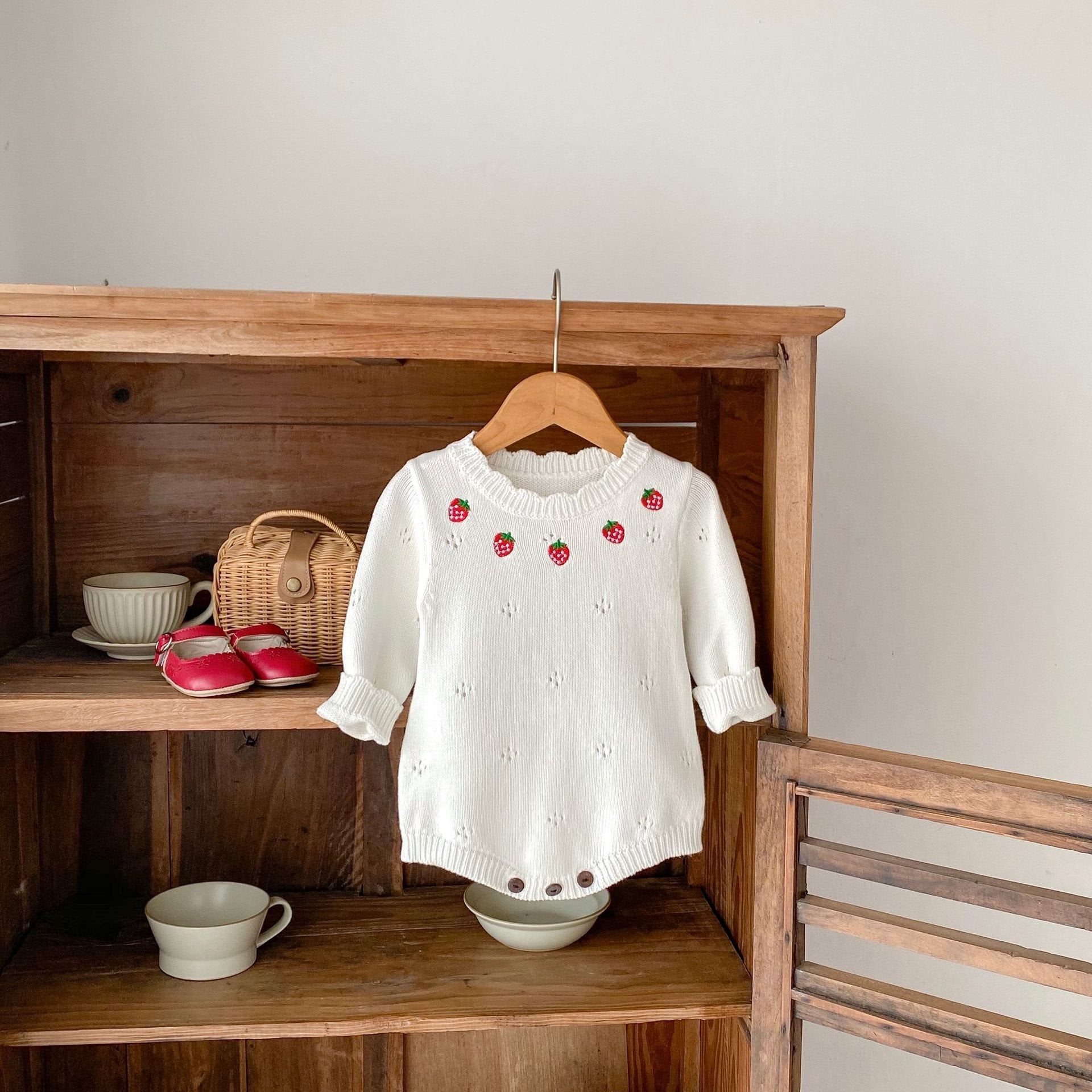 Strawberry Embroidered Knitted Romper