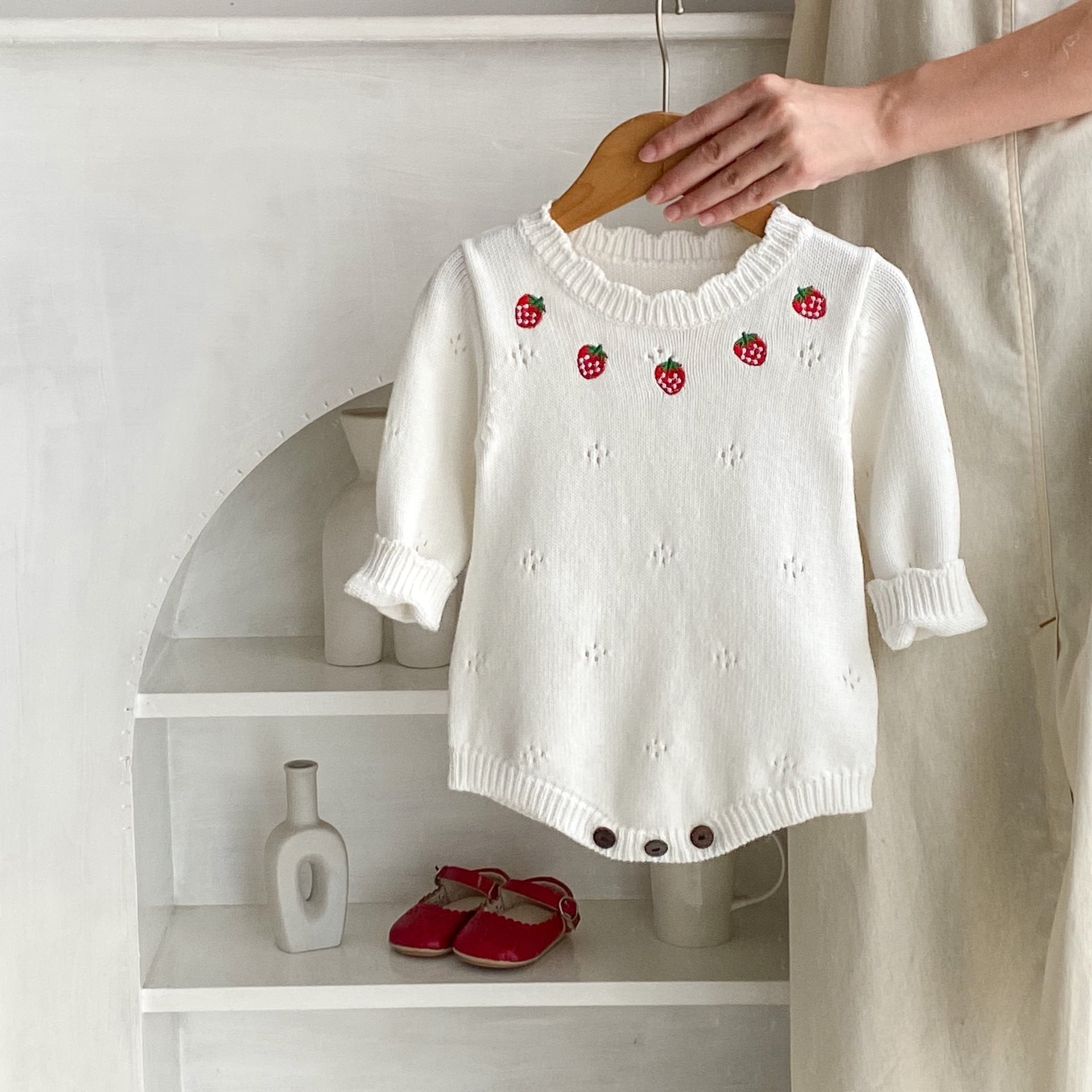 Strawberry Embroidered Knitted Romper