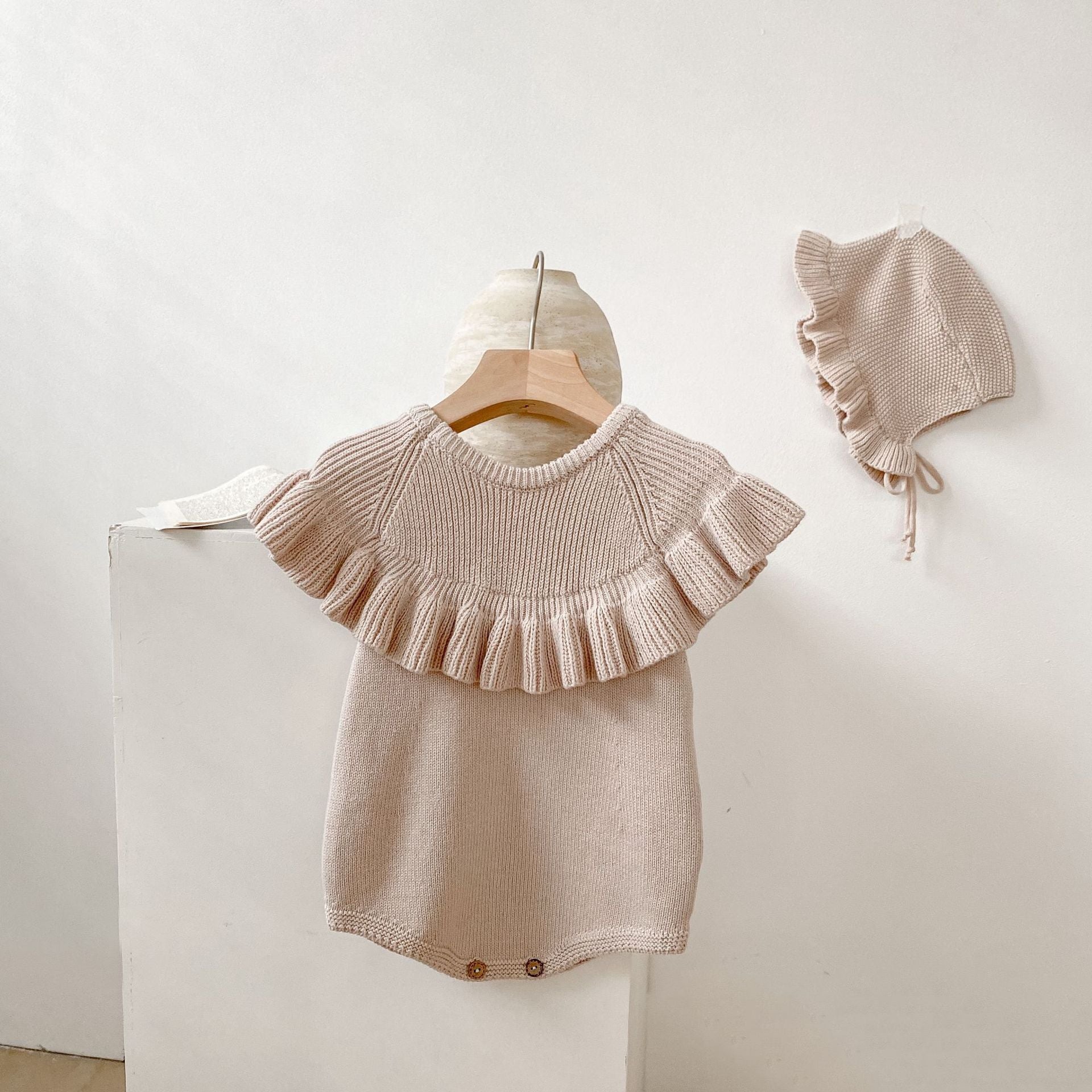 Knitted Ruffled Sleeveless Romper & Hat