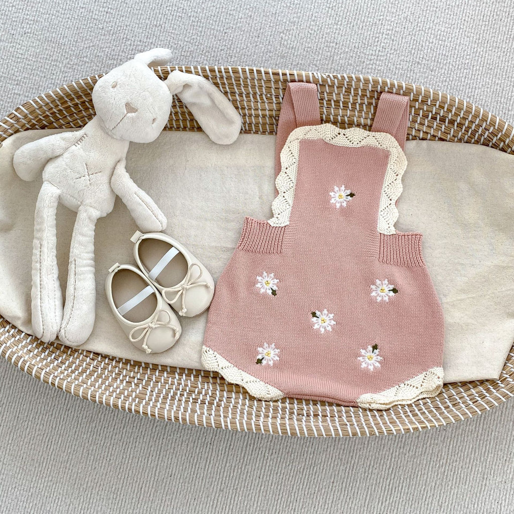 Knitted Embroidered Suspender Romper