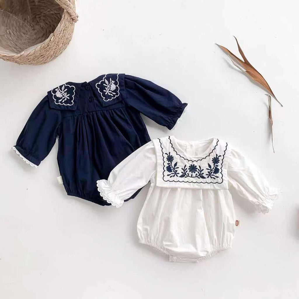 Navy Style Embroidered Collar Onesie