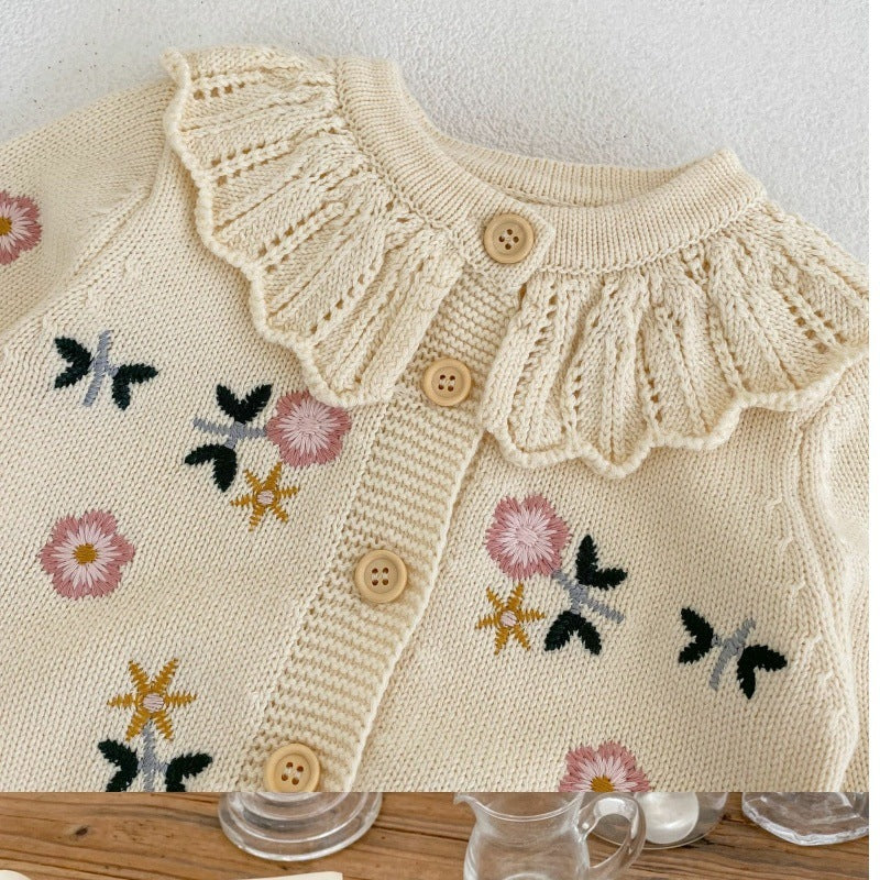 Flower Embroidered Lotus Collar Knitted