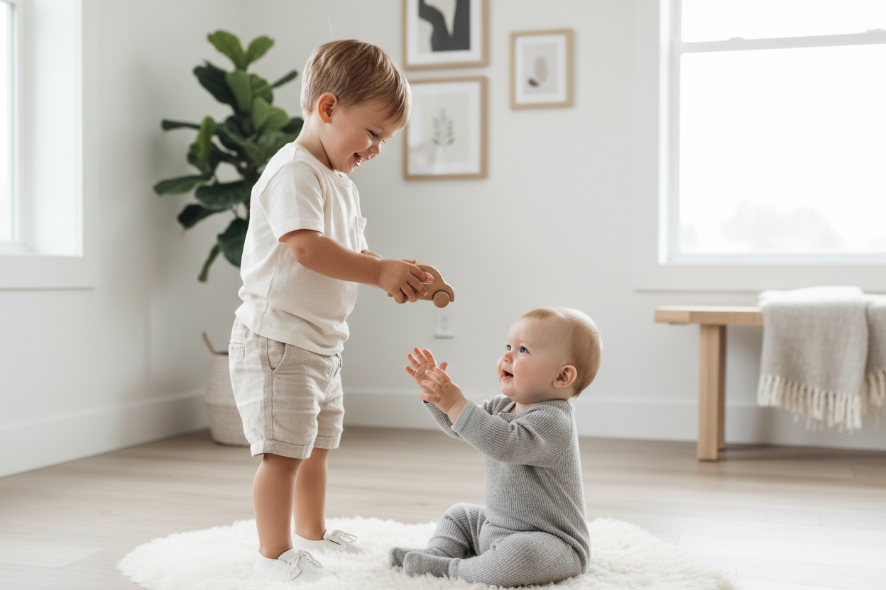 menino por volta de 2 anos de idade usando outfit minimalista stylish posando para foto com brinquedo na mao mostrando apra bebe de 10 meses 